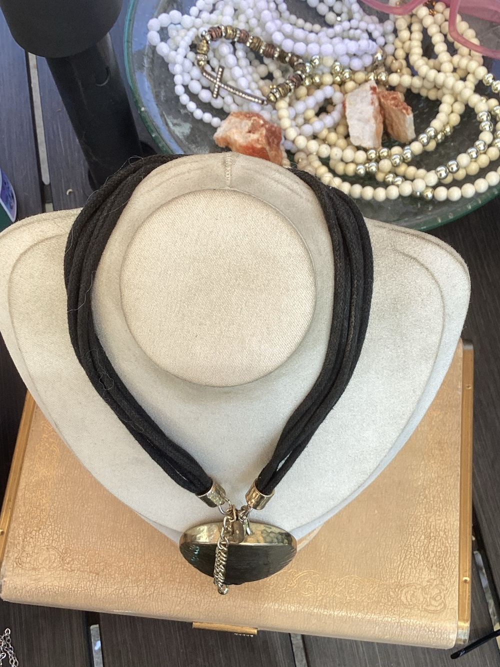 Black Cord Necklace with Hammered Gold Medallion - Women Jewelry - Picture 2 of 3